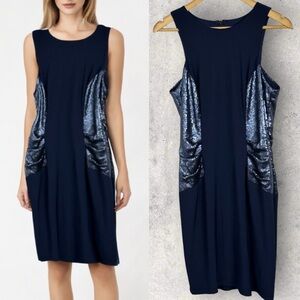 XSCAPE Blue Sequin Shift Dress‎ Size 10 USA Made Stretch Sleeveless Party Midi